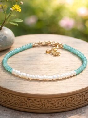 Handcrafted Green Apatite and Pearl Bracelet 14k Yellow Gold Filled 7" - 7.5"